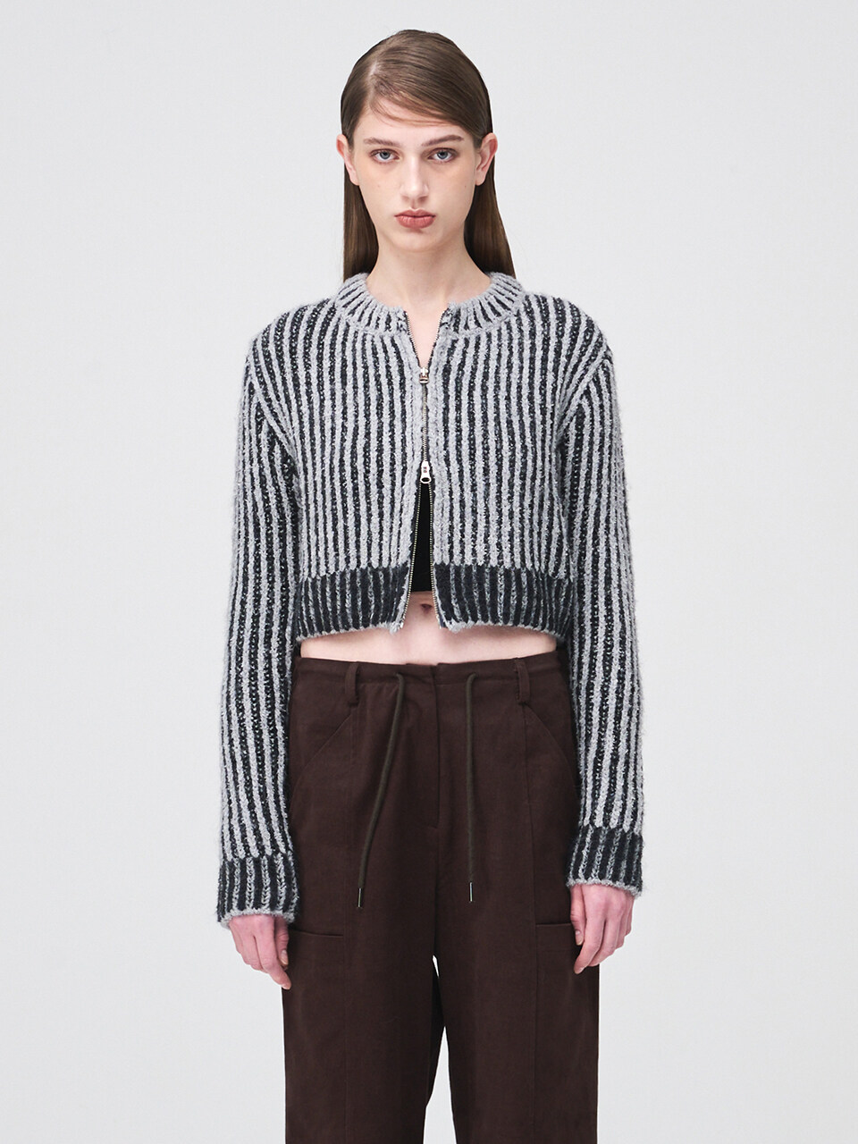 ETMON Ribbed Zip-Up Knit Cardigan _ Grey