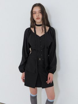 ETMON Scarf V-Neck Blouse [Black]