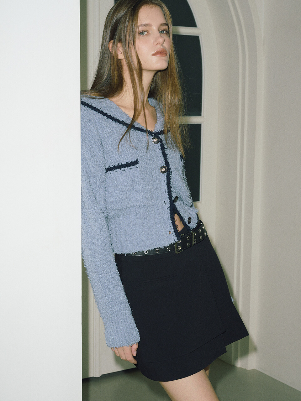 ETMON Shawl Sailor Collar Knit Cardigan (Blue)