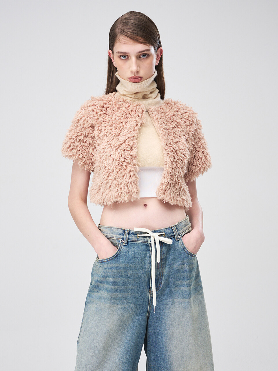 ETMON Short Sleeve Fluffy Cardigan _ Salmon Peach