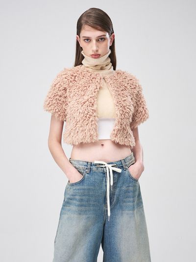 ETMON Short Sleeve Fluffy Cardigan _ Salmon Peach