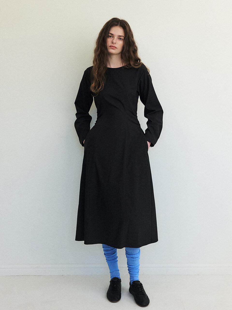 ETMON Side Tuck Shirring Dress, Black