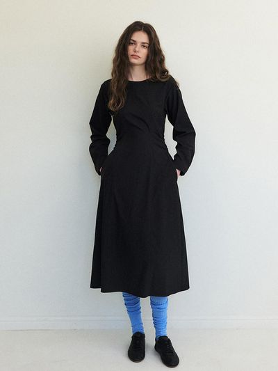 ETMON Side Tuck Shirring Dress, Black
