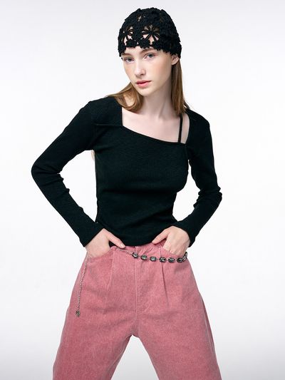 ETMON Square Neck Slit T-Shirt - Black