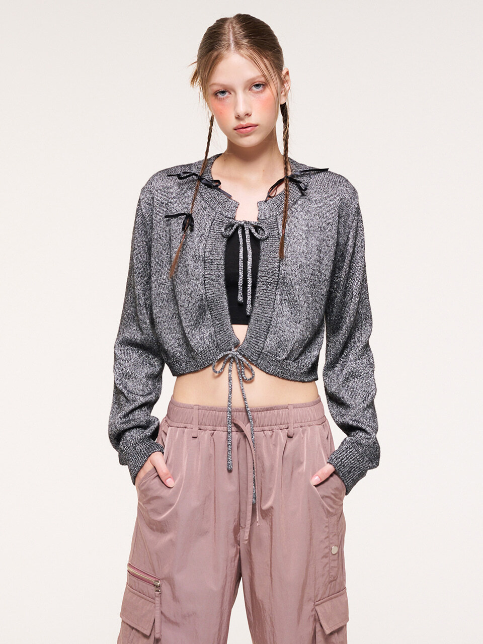 ETMON String Detail Knit Cardigan, Black