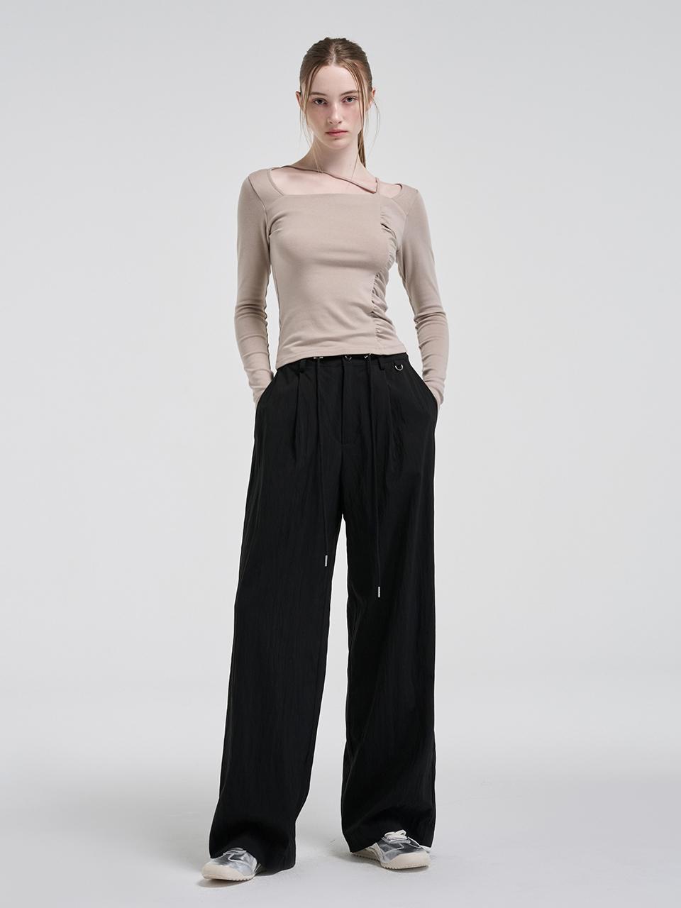 ETMON String Pintuck Nylon Pants, Black