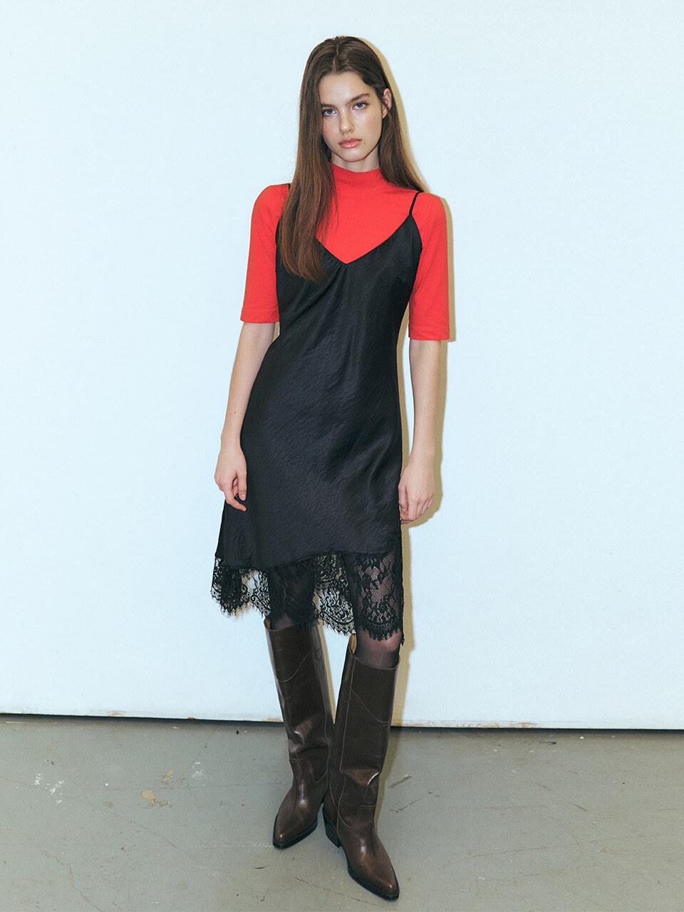 ETMON Unbalanced Lace Slip Dress, Black