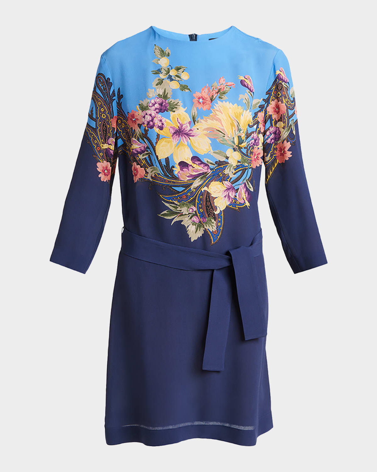 Etro Bi-Color Floral-Print 3/4-Sleeve Belted Dress