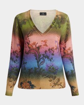 Etro Degrade Floral-Print Wool V-Neck Sweater