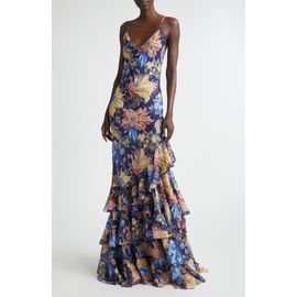 Etro Etro Floral Ruffle Check Jacquard Gown