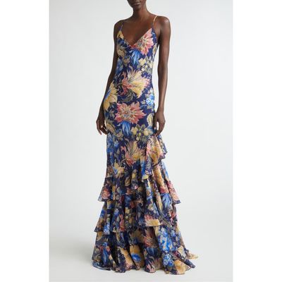 Etro Etro Floral Ruffle Check Jacquard Gown