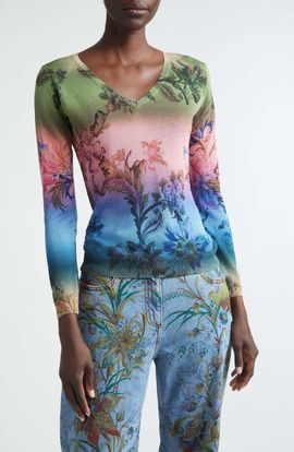 Etro Etro Metallic Floral Ombré V-Neck Sweater
