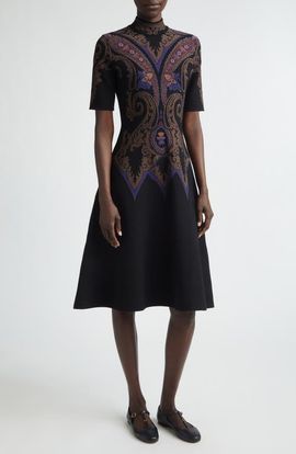 Etro Etro Mock Neck Jacquard Fit & Flare Sweater Dress