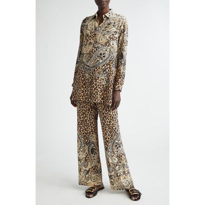 Etro Etro Paisley & Leopard Print Silk Tunic Button-Up Shirt