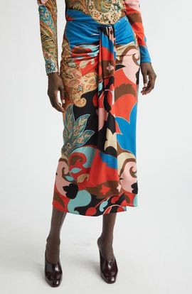 Etro Etro Paisley Lotus Print Knot Front Midi Pencil Skirt