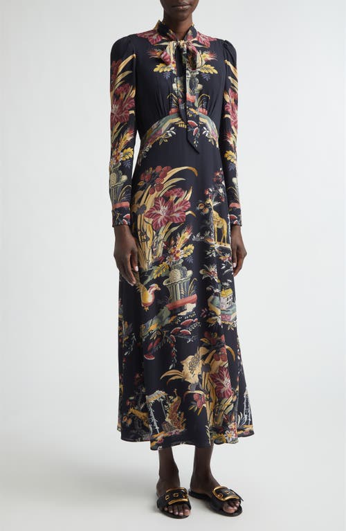 Etro Etro Placed Flower & Animal Print Tie Neck Long Sleeve Dress
