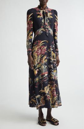 Etro Etro Placed Flower & Animal Print Tie Neck Long Sleeve Dress