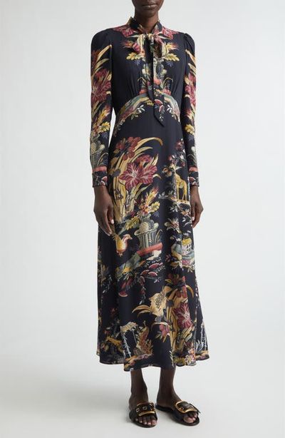 Etro Etro Placed Flower & Animal Print Tie Neck Long Sleeve Dress
