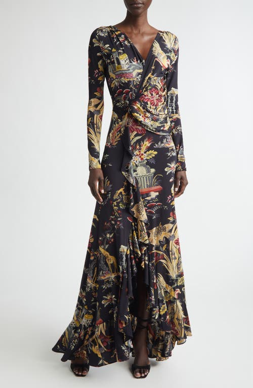 Etro Etro Placed Print Long Sleeve Jersey Maxi Wrap Dress