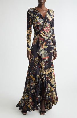 Etro Etro Placed Print Long Sleeve Jersey Maxi Wrap Dress