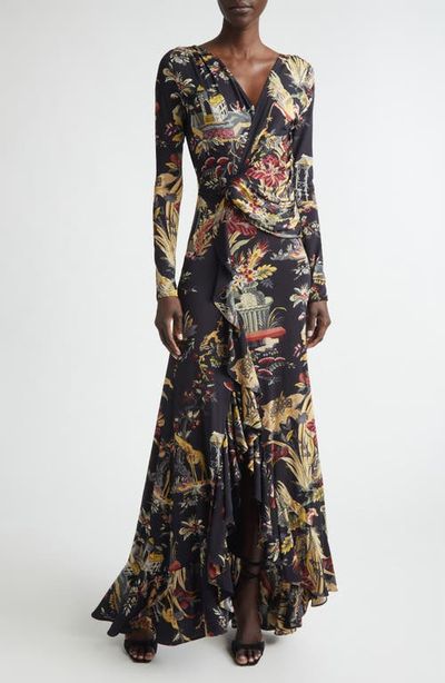 Etro Etro Placed Print Long Sleeve Jersey Maxi Wrap Dress