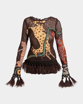 Etro Feather-Trim Animalier Crochet Knit Long-Sleeve Top