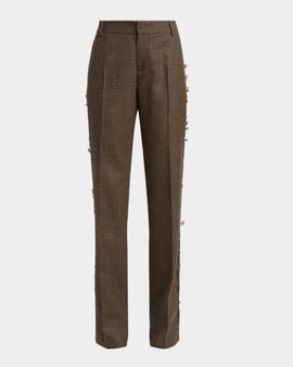 Etro Feather-Trim Check Wool Straight-Leg Trousers