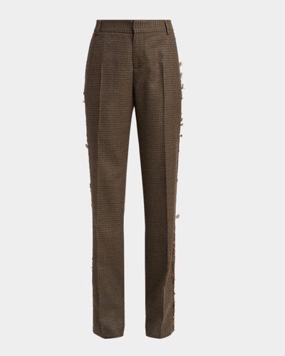 Etro Feather-Trim Check Wool Straight-Leg Trousers