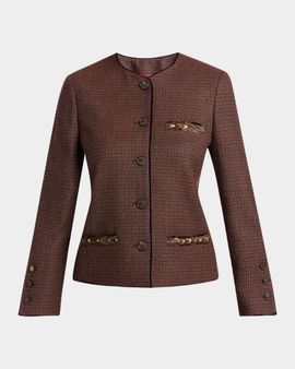 Etro Feather-Trim Houndstooth Wool Single-Breasted Jacket