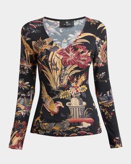 Etro Floral-Print Long-Sleeve Jersey Top