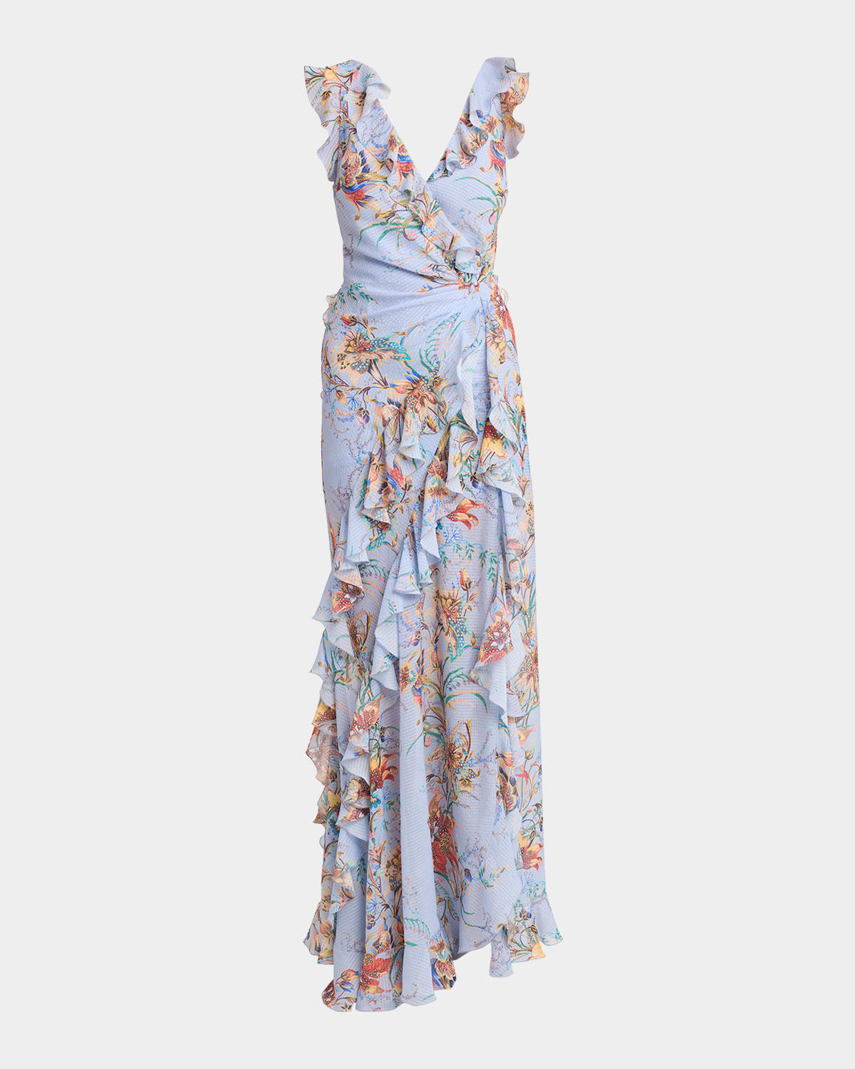 Etro Floral-Print Seersucker Ruffled Slit Maxi Dress