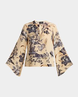 Etro Floral-Print Silk Flare-Sleeve Top