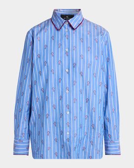 Etro Floral Embroidered Striped Cotton Button-Down Shirt