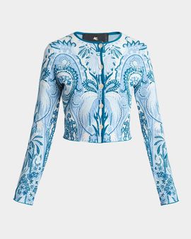 Etro Leafy Paisley Jacquard Crop Crewneck Cardigan
