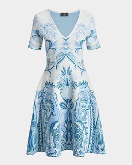 Etro Leafy Paisley Jacquard Short-Sleeve A-Line Dress