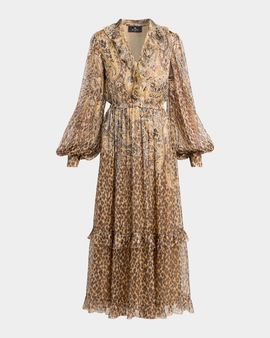 Etro Metallic Paisley Leopard-Print Silk Midi Dress