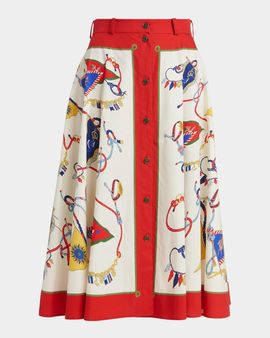Etro Nautical-Print Cotton Poplin Button-Front Midi Skirt