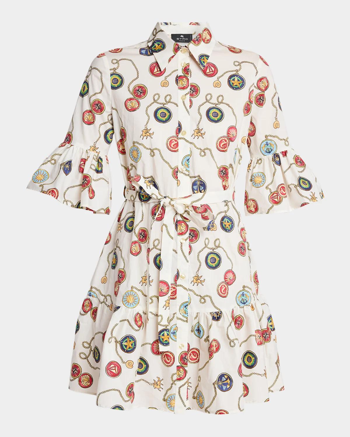 Etro Nautical-Print Cotton Poplin Ruffle Mini Shirtdress With Belt