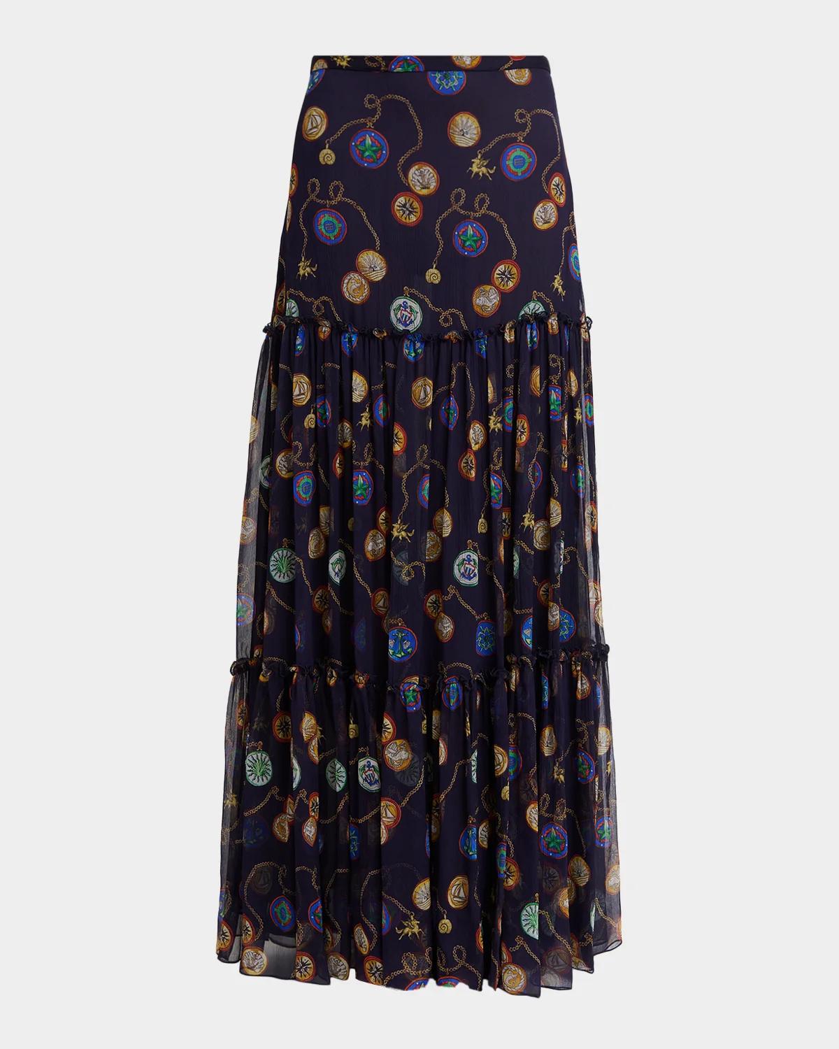 Etro Nautical-Print Silk Chiffon Tiered Maxi Skirt