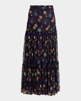 Etro Nautical-Print Silk Chiffon Tiered Maxi Skirt