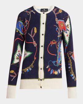 Etro Nautical Print Silk-Cashmere Crewneck Cardigan