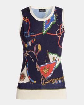 Etro Nautical Print Silk-Cashmere Sleeveless Sweater