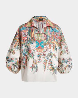 Etro Paisley-Print Balloon-Sleeve Collared Shirt