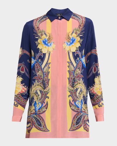 Etro Paisley-Print Silk Button-Down Tunic Shirt