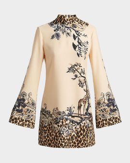 Etro Paisley Animal-Print Flare-Sleeve Mini Dress
