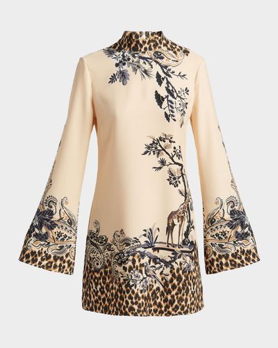 Etro Paisley Animal-Print Flare-Sleeve Mini Dress