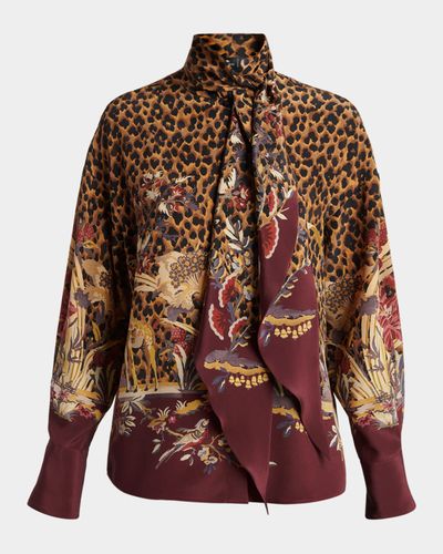 Etro Paisley Animal-Print Silk Neck-Scarf Blouse