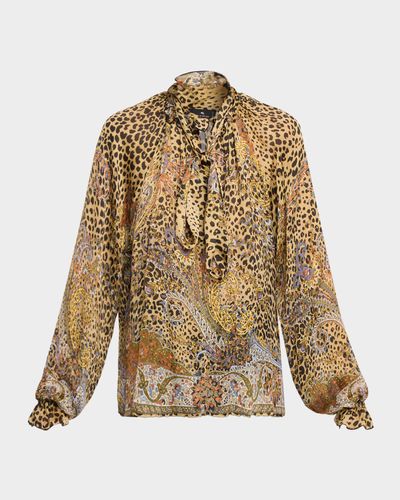 Etro Paisley Leopard-Print Silk Neck Scarf Blouse