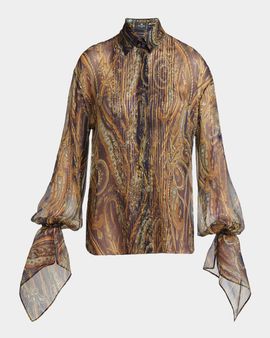 Etro Paisley Semi-Sheer Silk Long-Sleeve Blouse