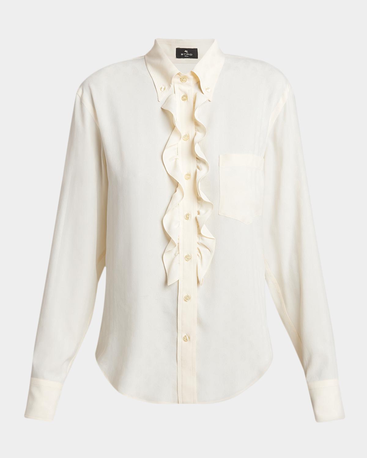 Etro Paisley Silk Jacquard Ruffle Button-Down Shirt
